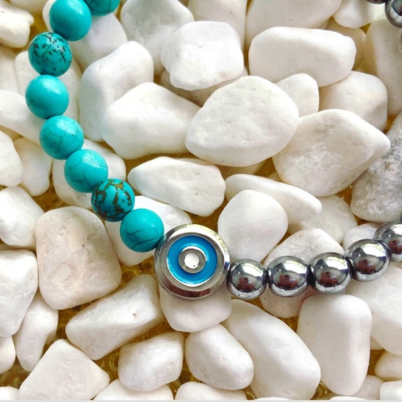 HALF AND HALF EYE BRACELET featuring genuine turquoise stones & silver hematites - Picture 2 of 2